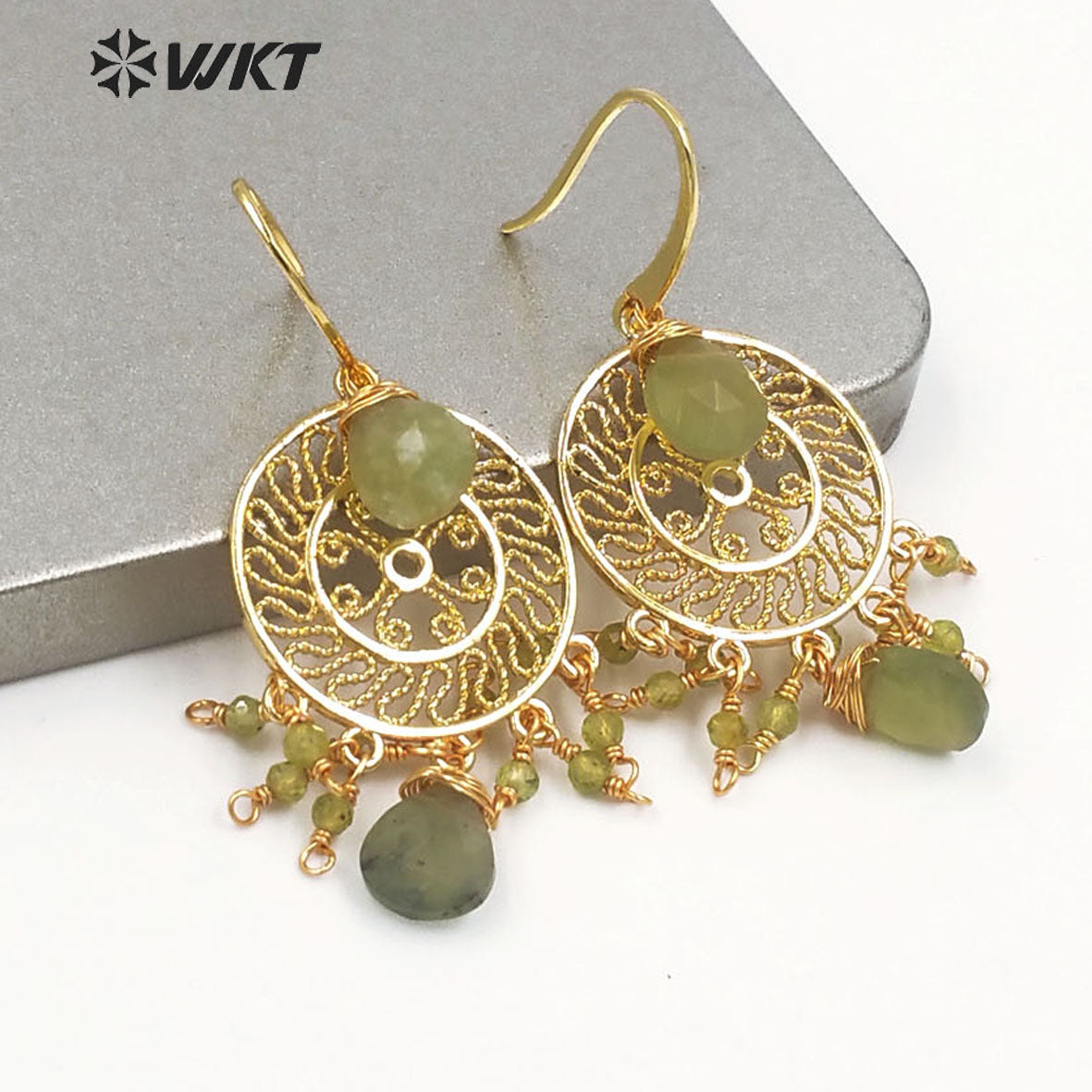 WT-E695 Bohemia Fashion Gold Gypsy Earrings with Natural Gemstone Made Dangle Earrings Handmade DIY Stone Hoop Earrings