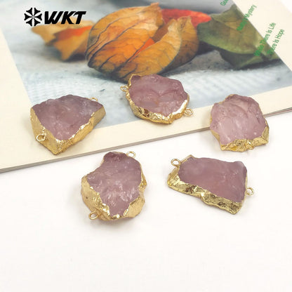 WT-C332 WKT New Arrival Natural Rose Quartz With Gold Plated Connector Pendant for Lady DIY Making Jeweley