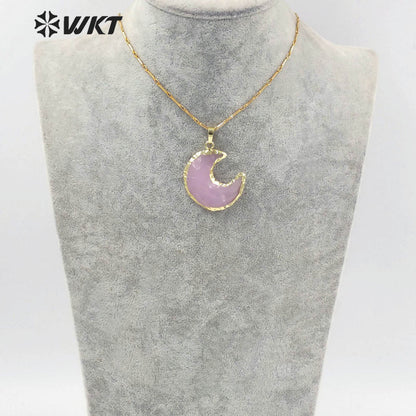 WT-N1349 WKT Beautiful Natural pink Opal Pendant Moon Necklace Gold Chain Lady's 2022 Trend Jewelry Gifts