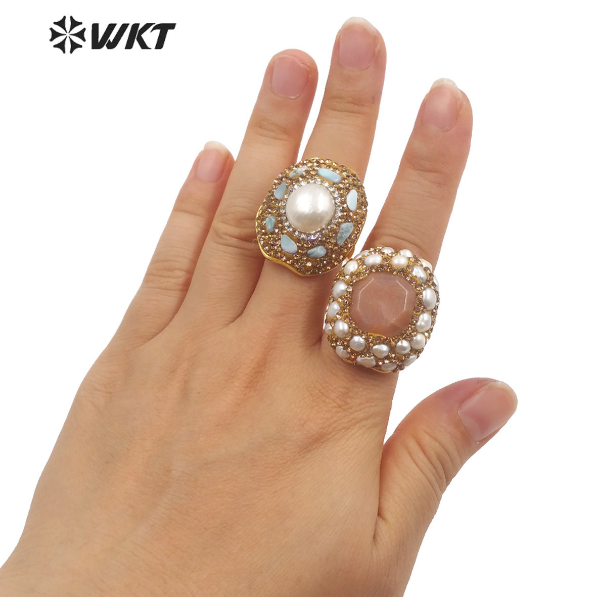 WT-R445 Wholesale Fashion 18k Gold Plated Gorgeous Rhinestone Decorative Turquoise Pearl Party Ring Daily Wearing Women Rings