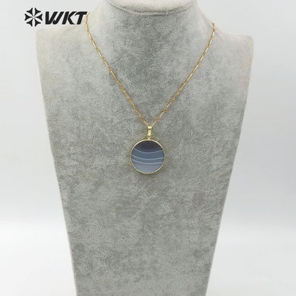 WT-N1150 New Arrival Fashion for Lady Jewelry Round Shape Natural Stone Pendant Natural Color Grey Strip Agate Necklace