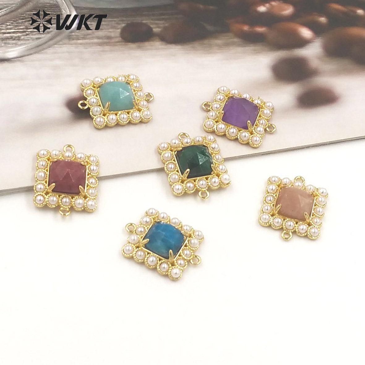 WT-PC004 Wholesale Fashion Gold Double Loops Natural Square Claw Setting Gemstone Connectors for DIY Jewelry Findings