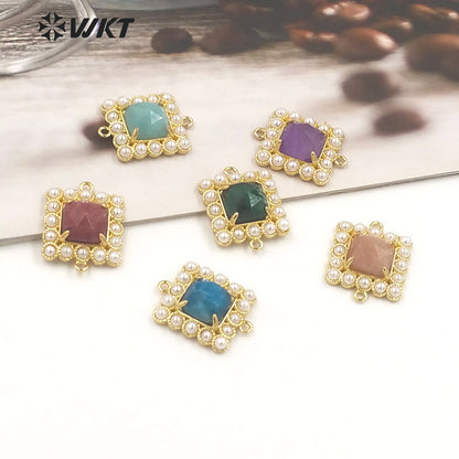 WT-PC004 Wholesale Fashion Gold Double Loops Natural Square Claw Setting Gemstone Connectors for DIY Jewelry Findings