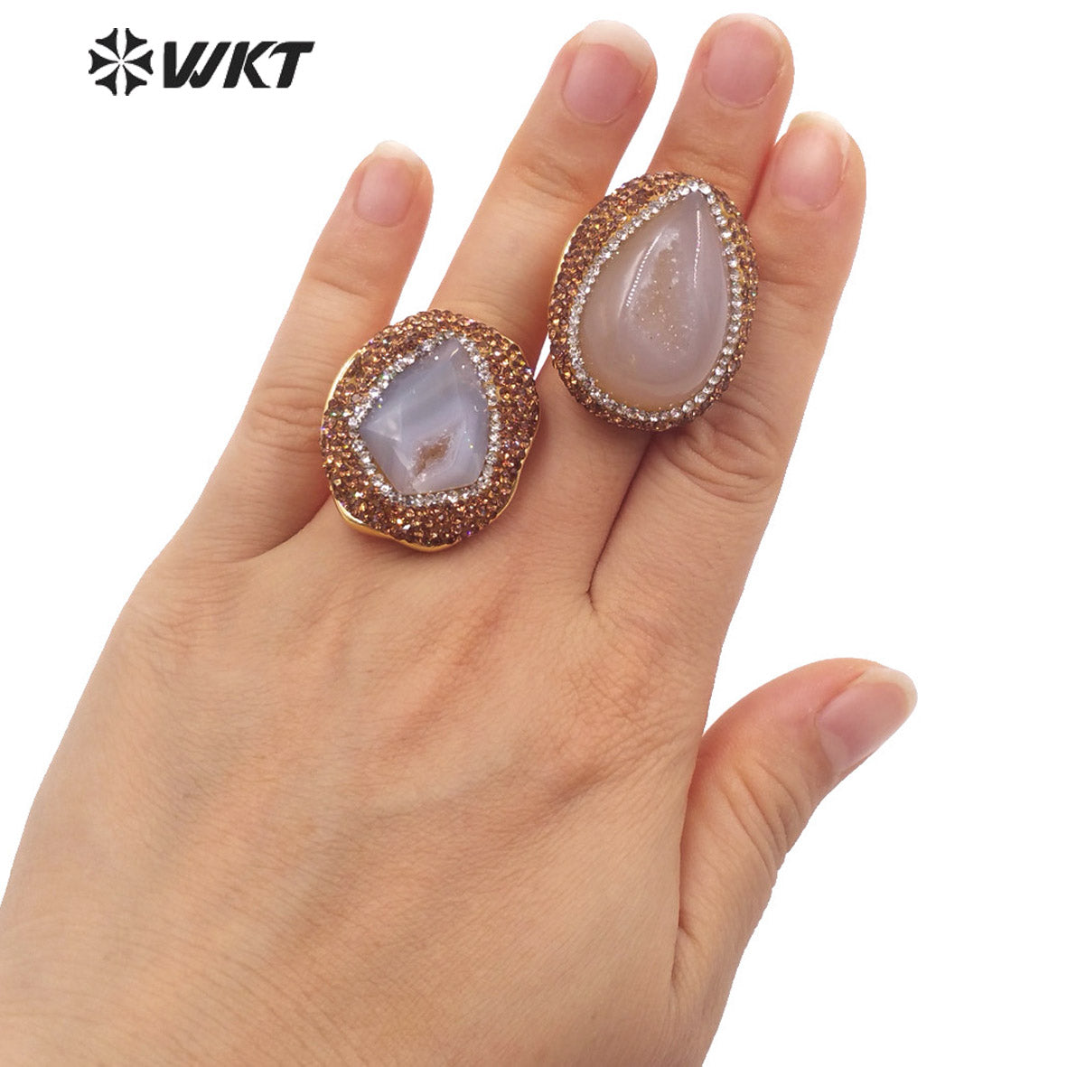 WT-R497 New Popular Gorgeous 18K Real Gold Plated Natural Grey Druzy Geode Agate Arrow Shape With Rhinestone Set Jewelry Ring