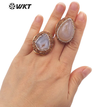 WT-R497 New Popular Gorgeous 18K Real Gold Plated Natural Grey Druzy Geode Agate Arrow Shape With Rhinestone Set Jewelry Ring