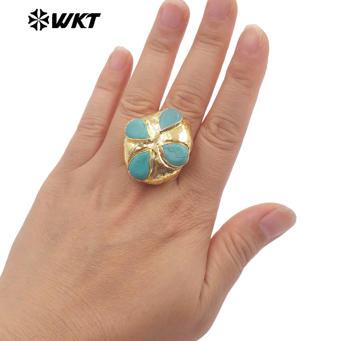 WT-R576 Beautiful Design Gold Electroplated Natural Green Turquoise Stone Flower Shape Rings For Lady Party Decorative Jewelry