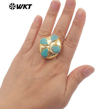 WT-R576 Beautiful Design Gold Electroplated Natural Green Turquoise Stone Flower Shape Rings For Lady Party Decorative Jewelry