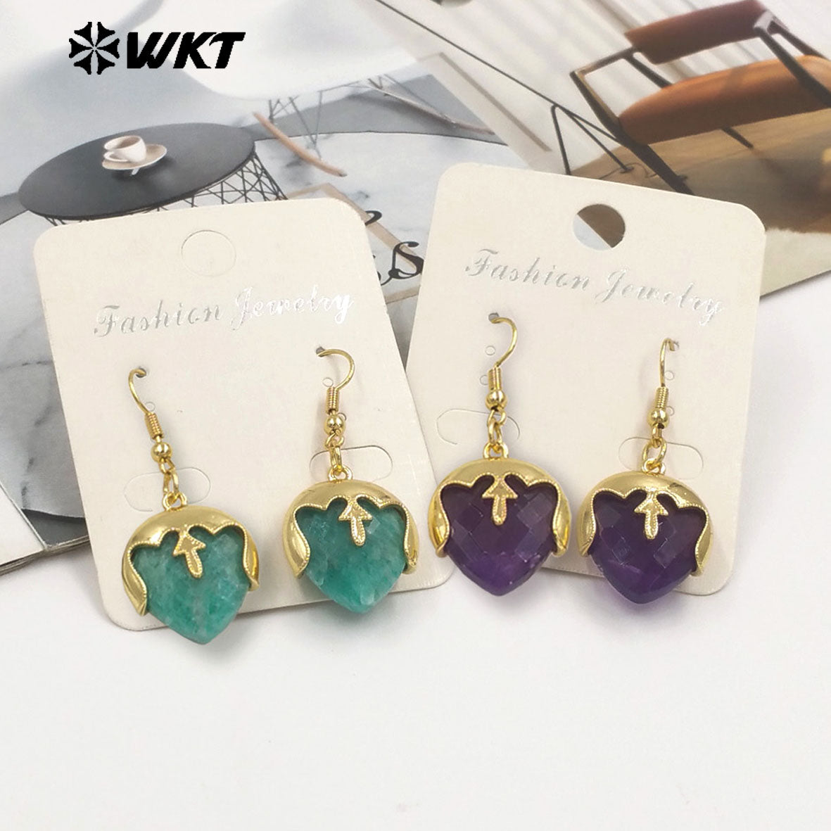 WT-E789 Wholesale Unique Design Gold Plated Cover Top Heart Shape Natural Gemstones Earrings For Women Interesting Jewelry