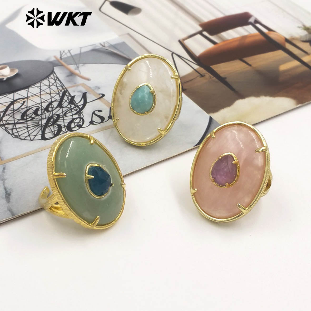 WT-R587 Unique High Quality 18K Gold Plated Colorful Zircon And Big Natural Gemstones Rings For Chic Dance Party Wearing