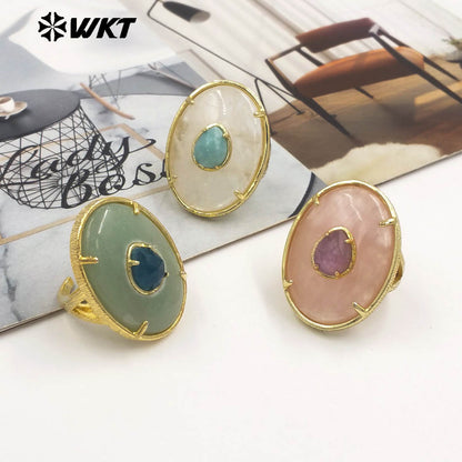 WT-R587 Unique High Quality 18K Gold Plated Colorful Zircon And Big Natural Gemstones Rings For Chic Dance Party Wearing