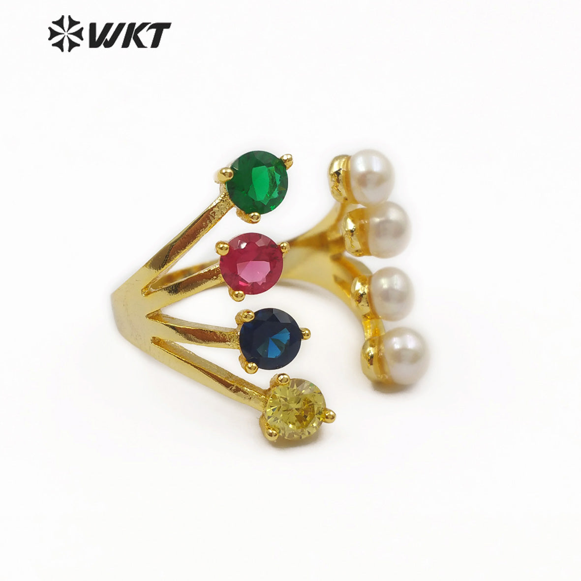 WT-MR005 Wholesale New Design Fashion Four Freshwater Pearls and Four Red Yellow Blue Green Cubic Zircon Ring Multicolor Ring
