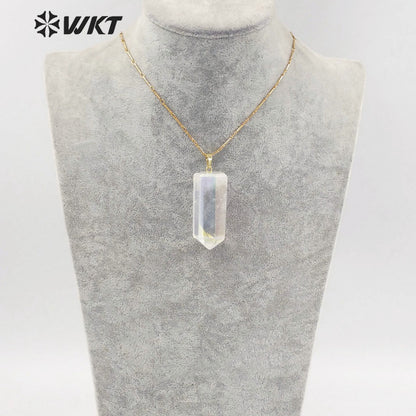 WT-N1390 Amazing Healing Aura Crystal Quartz Point Necklace Simple Hoop Angel Color Stone Hexagon Necklace in Gold