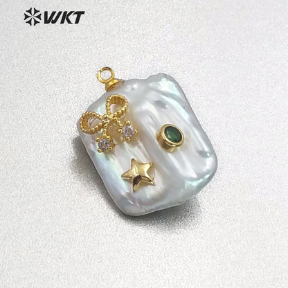 MP136 Natural Freshwater Pearl Pendant With Diversified Patterns Rectangular Pendant CZ Micro Pave Women Fashion Pearl Pendant