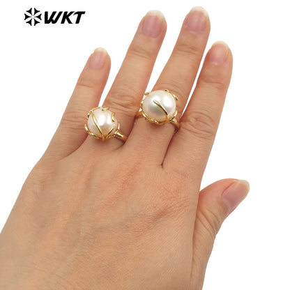 WT-MPR054 Wholesale Round Claw Setting Irregular One Pearl Ring Fashion 18k Gold Plated Freshwater Handmade Wedding Pearl Ring