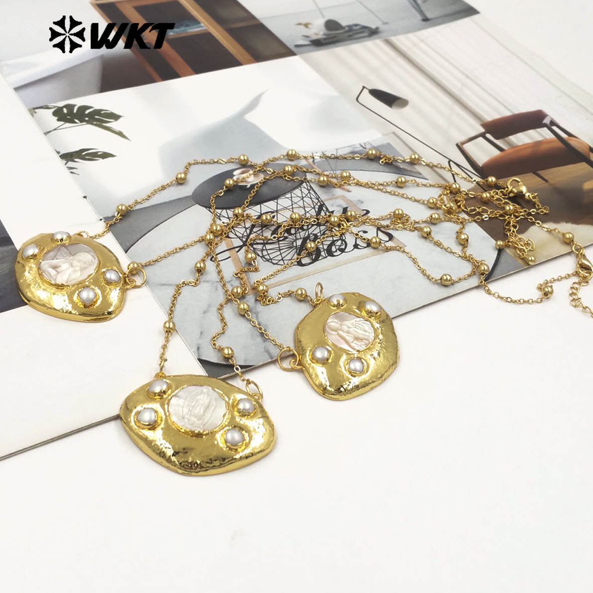 WT-JN391 High Quality Thin Bead Chain With Gold Electroplated Religious Patterns MOP Charms Necklaces For Lady Fashion Jewelry