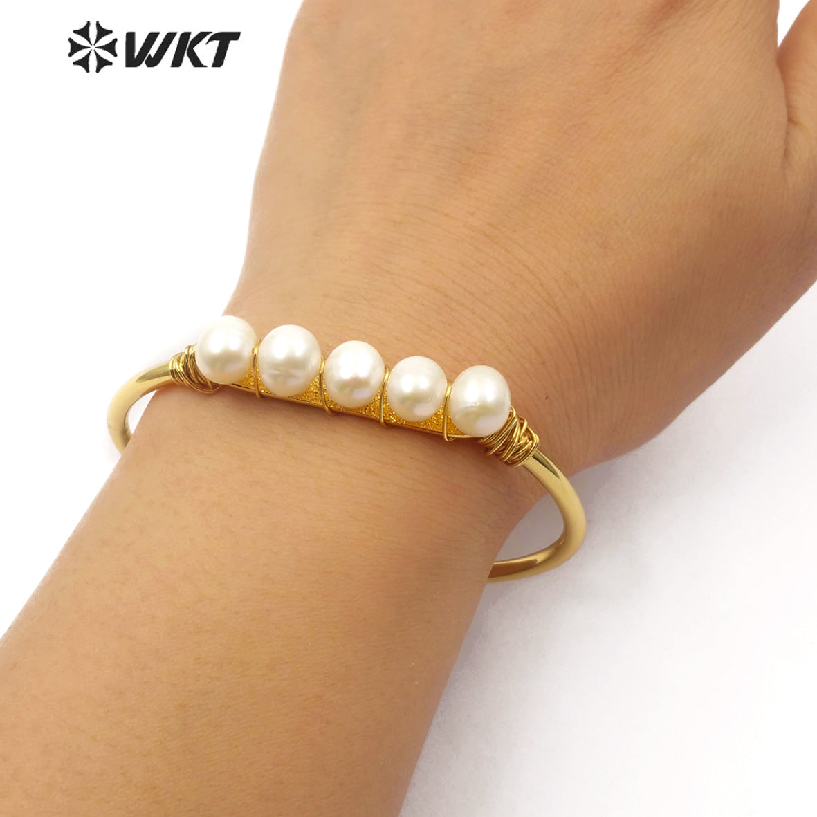 WT-B486 New Design Lady Charm Jewelry Pearl Bangle Pearl Wire Wrapped Gold Plated Bangle Fashion Jewelry for Women
