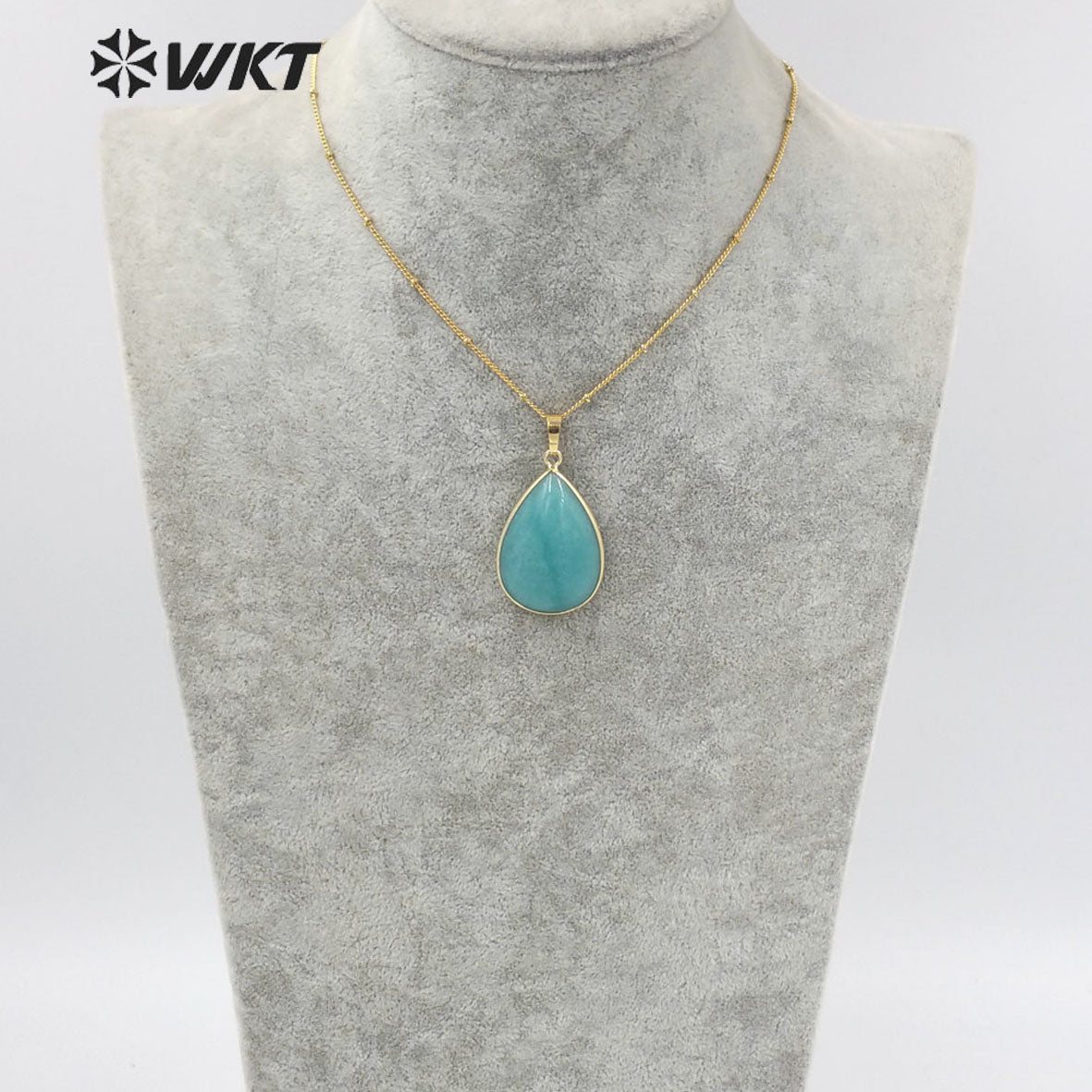 WT-N1292 Women 18 Inch Long Natural Teardrop Stone Necklace 18k Real Gold Plated Bezel Pear Drop Blue Necklace