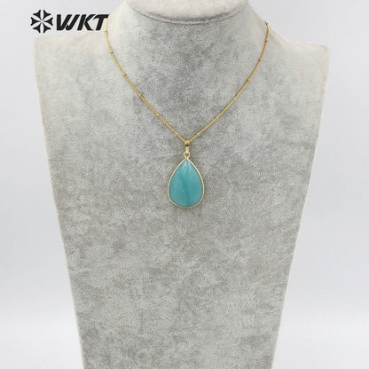 WT-N1292 Women 18 Inch Long Natural Teardrop Stone Necklace 18k Real Gold Plated Bezel Pear Drop Blue Necklace