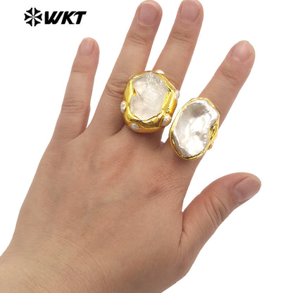 WT-MPR136 Boutique Gold Plated Ladies Jewelry Simple Design Natural Irregular Freshwater Pearl Rings For Daily Decoration