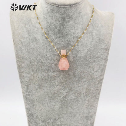WT-N1269 Wholesale Lady Birthday Stone Perfume Bottle Necklace Gold Stainless Steel Metal Rose Quartz Stone Bottle Necklace