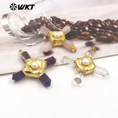 WT-P1967 Wholesale Fashion Gold Plated Cross Healing Energy Gemstone Point Anchor Pendants Special Rose Quartz Jewelry