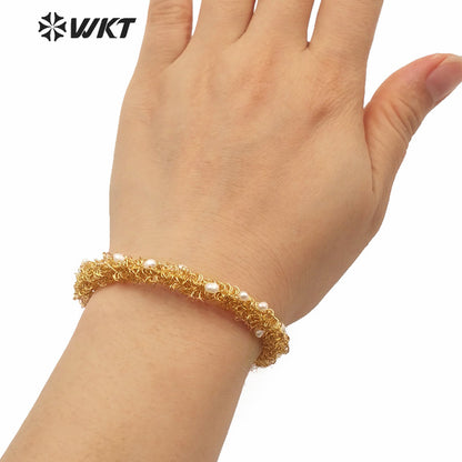WT-MPB015 Charming Gorgeous Tiny Pearl Cluster Women Gold Bangle Fashion Adjustable Cuff Pearl Bangle Birthday Gift Bangle