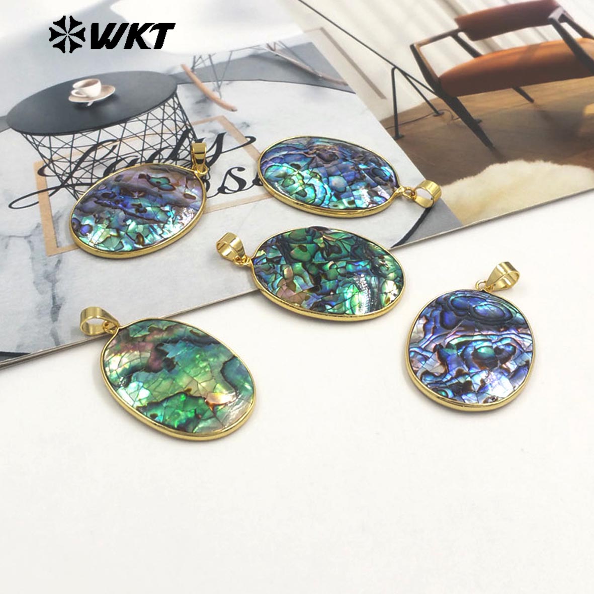 WT-JP408 High Quality DIY Jewelry Accessory Raw Natural Abalone Shell Oval Pendant With Gold Edged for Women Necklace Handmade