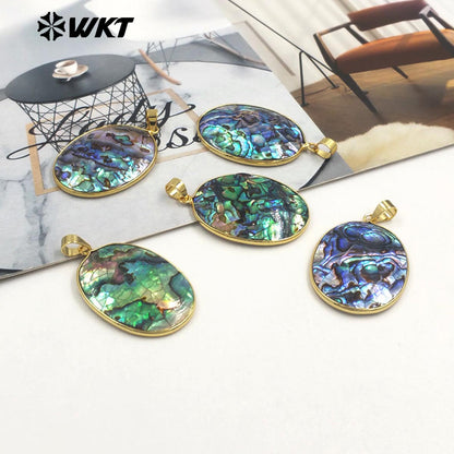 WT-JP408 High Quality DIY Jewelry Accessory Raw Natural Abalone Shell Oval Pendant With Gold Edged for Women Necklace Handmade