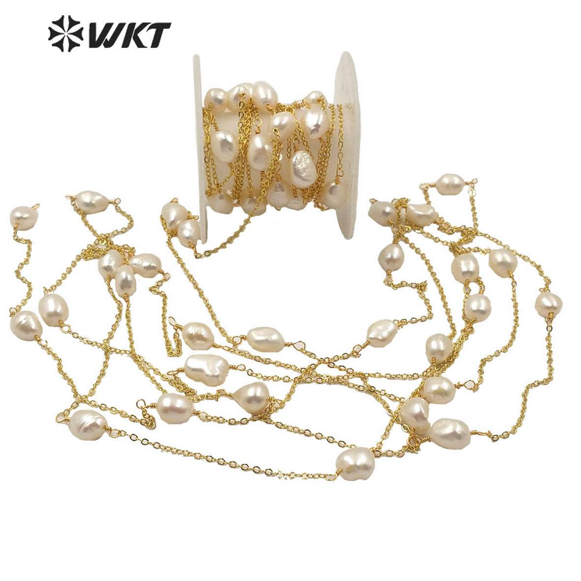 WT-RBC164 Fashion Women Hand Make Natural Freshwater Pearl Chain for Necklace Design 18k Gold Electroplated No Fade Pearl Chain