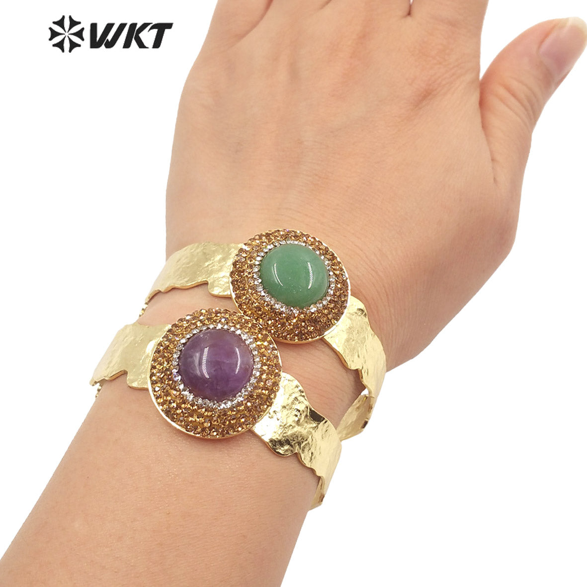 WT-B627 INS Trendy Gold Rhinestone Bangle Women 18k Gold Plated Round Stone Bangle Europe Boho Opening Stone Bangle