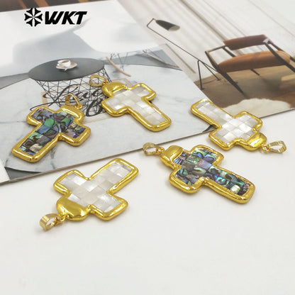 WT-JP407 Wholesale Newest Exquisite Pendant With Natural Abalone and White Shell Gold Edged Block Stitching Cross Shape DIY