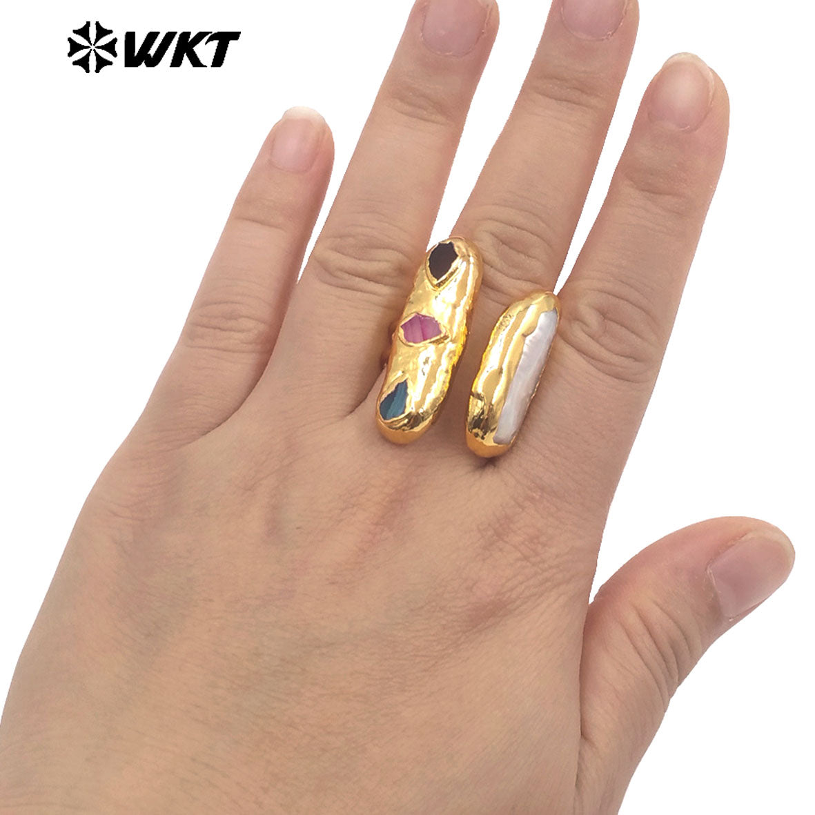 WT-MPR153 Hot Sale Gold Plated Natural Little Agate Stone And Freshwater Pearl Adjustable Rings As Lady Fashion Accessories