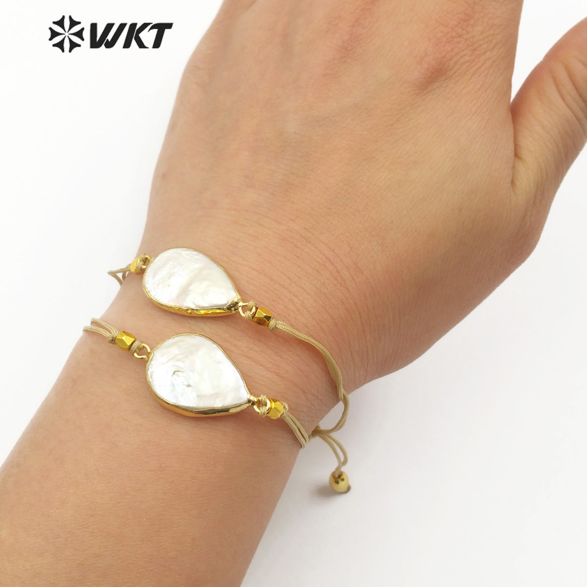 WT-B447 Handmade Pearl Bracelet Teardrop Shape Pendant With Gold Trim Rope Adjustable Jewelry Natural Freshwater Pearl Bracelet