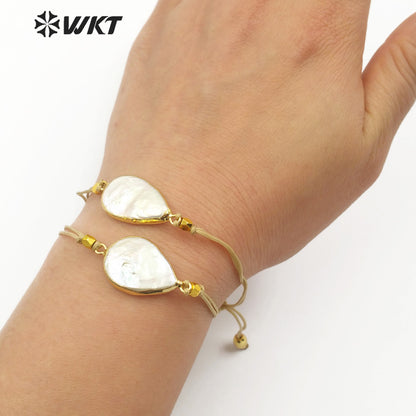 WT-B447 Handmade Pearl Bracelet Teardrop Shape Pendant With Gold Trim Rope Adjustable Jewelry Natural Freshwater Pearl Bracelet
