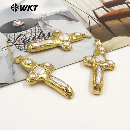 WT-JP446 New Arrival Religious Style Gold Electroplated Natural Freshwater Pearl Cross Pendant For Women Fashion Necklace Making