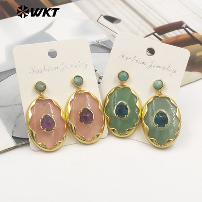 WT-E801 Gorgeous Romantic Style Gold Plated Various Natural Gemstones Big Pendant Earrings For Women Wedding Wearing Jewelry