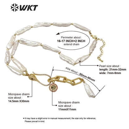 WT-JN110 New Exclusive Design Pearl Chain and Micro Pave Charm Necklace Lady New Fashion Jewelry Natural Pearl Necklace