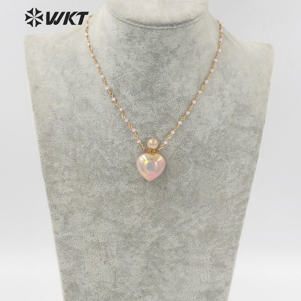 WT-N1331 Ins Hot Amazing Gorgeous Rose Quartz with Aura Perfume Bottle Necklace Essencial Oil Stone Bottle Pink Aura Stone