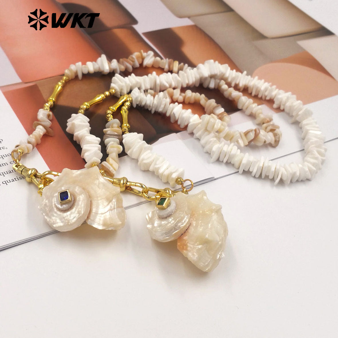 WT-JN378 Amazing Crushed Stone Splicing Brass Chain With Natural Trumpet Shell Pendant Necklace For Lady Vacation Style Jewelry