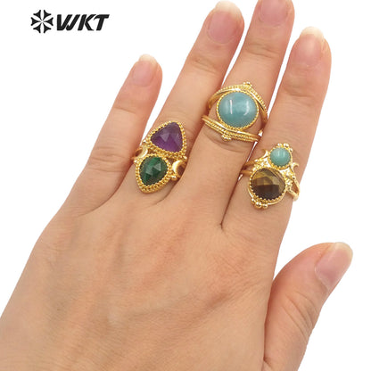 WT-R476 New Design Colorful Natural Gemstone Ring With Women Fashion Gold Plated Peacock Stone Ring Boho Charming Ring