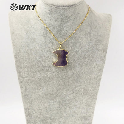 WT-N1316 Newest Fashion Gold Trim Half Moon Amethyst Stone Necklace Hot Slice Crescent Moon Pendant Necklace in Natural