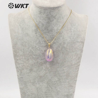 WT-N1398 WKT Amazing Brightly Aura Chunky Egg Shape Stone Necklace Energy Healing Crystal Quartz Aura Necklace Jewelry