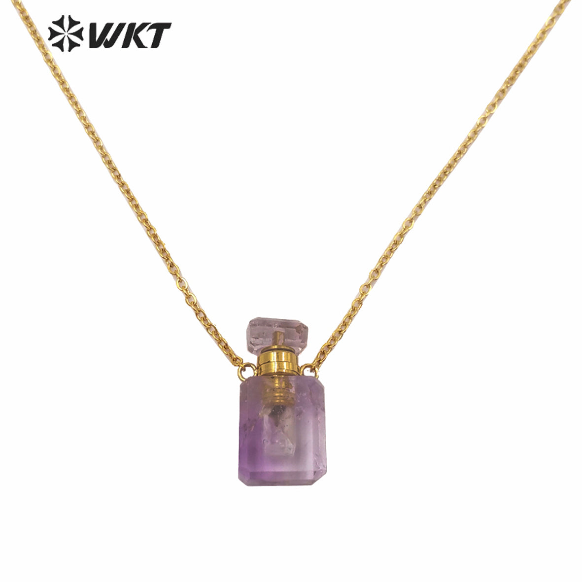WT-N1239 Amazing Gold Electroplated Mini Cabochon Faceted Natural Stone Perfume Bottle Necklace Women Hot Essential Oil Necklace