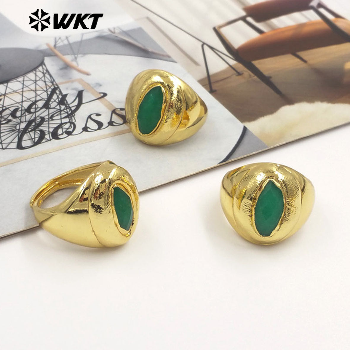 WT-R575 Wholesale Boutique Simple Design 18K Gold Plated Natural Green Jade Stone Women Ring For Daily Wearing Jewelry