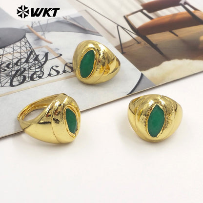 WT-R575 Wholesale Boutique Simple Design 18K Gold Plated Natural Green Jade Stone Women Ring For Daily Wearing Jewelry