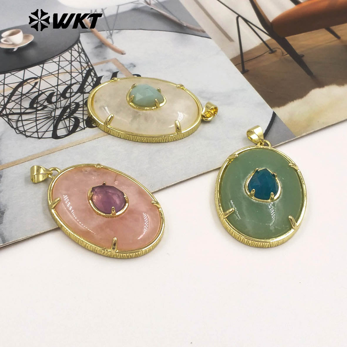 WT-P2066 Newest Gold Electroplated Colorful Natural Gemstones With Zircon Round Pendants As Handmade Necklace Findings