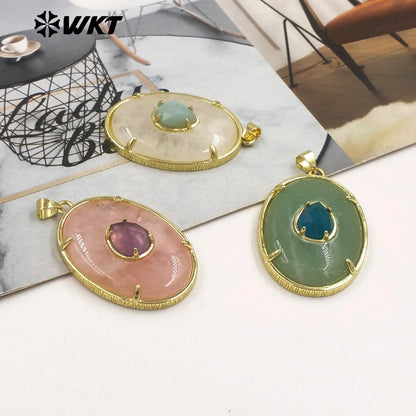 WT-P2066 Newest Gold Electroplated Colorful Natural Gemstones With Zircon Round Pendants As Handmade Necklace Findings