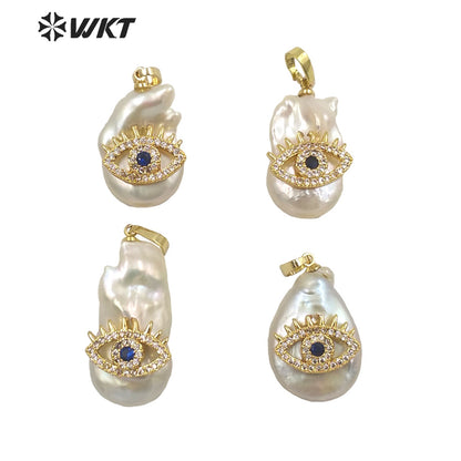 WT-JP259 New Design Popular Women Charming Micro Pave CZ Eye Pearl Pendants With Gold Hoop Fancy Girl Natural Real Pearl