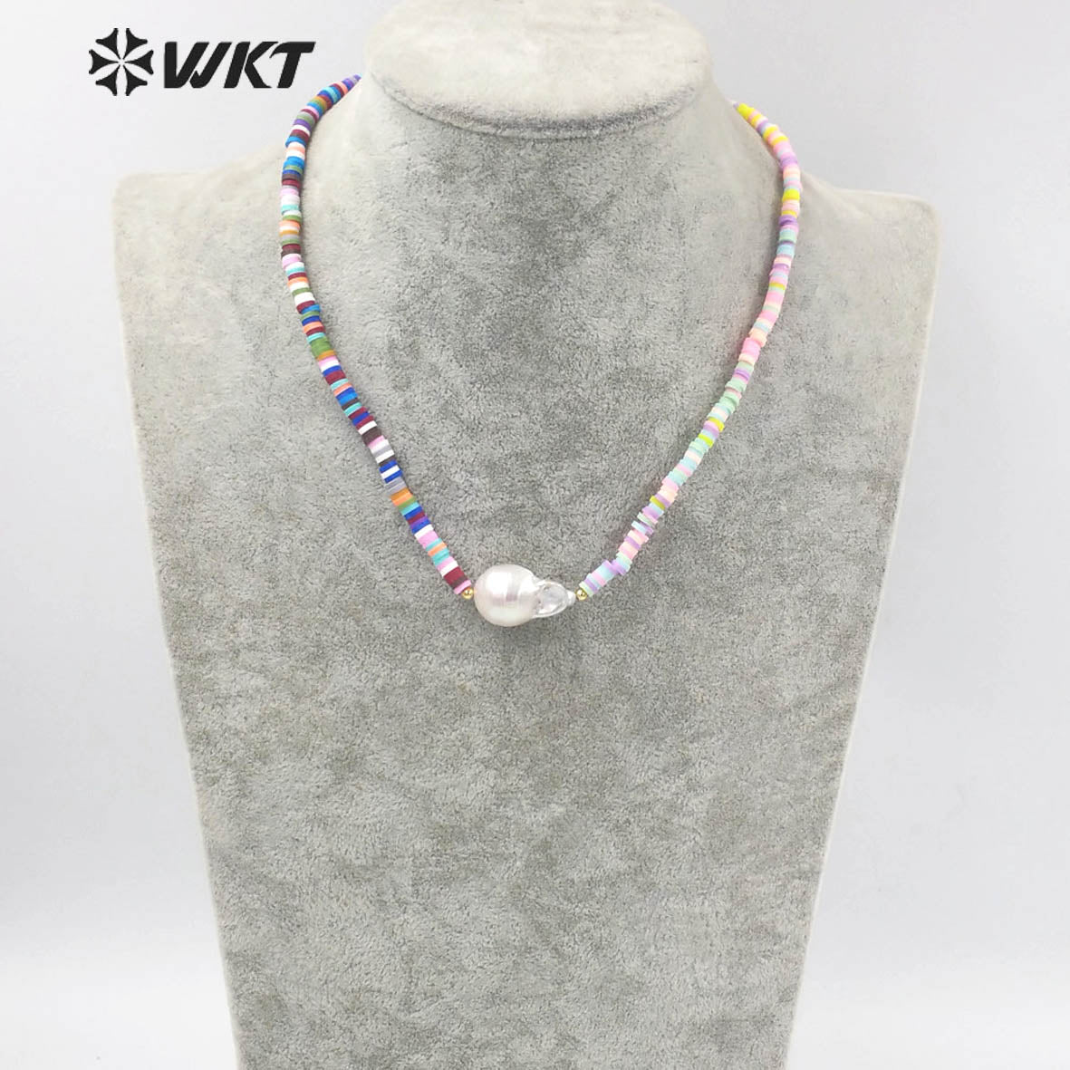 WT-JN193 WKT New Design Boho Vintage Natural Freshwater Baroque Pearl Necklace Crazy Design 4mm Beads Strand Pendant Necklace