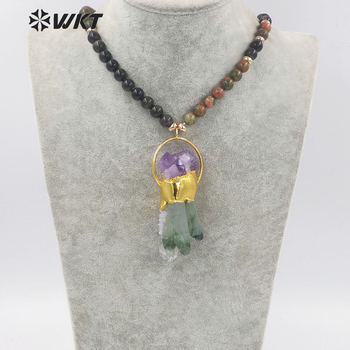 WT-N1340 WKT Natural Special Irregular Cluster Quartz Pendant Necklace With Colored Beads Big Wedding Party Necklace Jewelry
